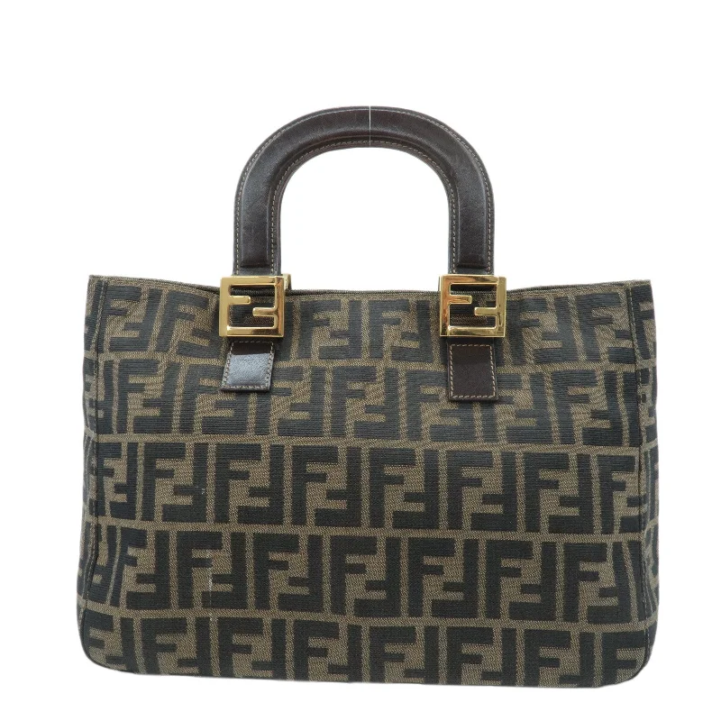 Ladies Fendi shoulder bags with a tassel - decorated zipper for added charm and styleFENDI Zucca Canvas Leather Tote Bag Hand Bag Brown