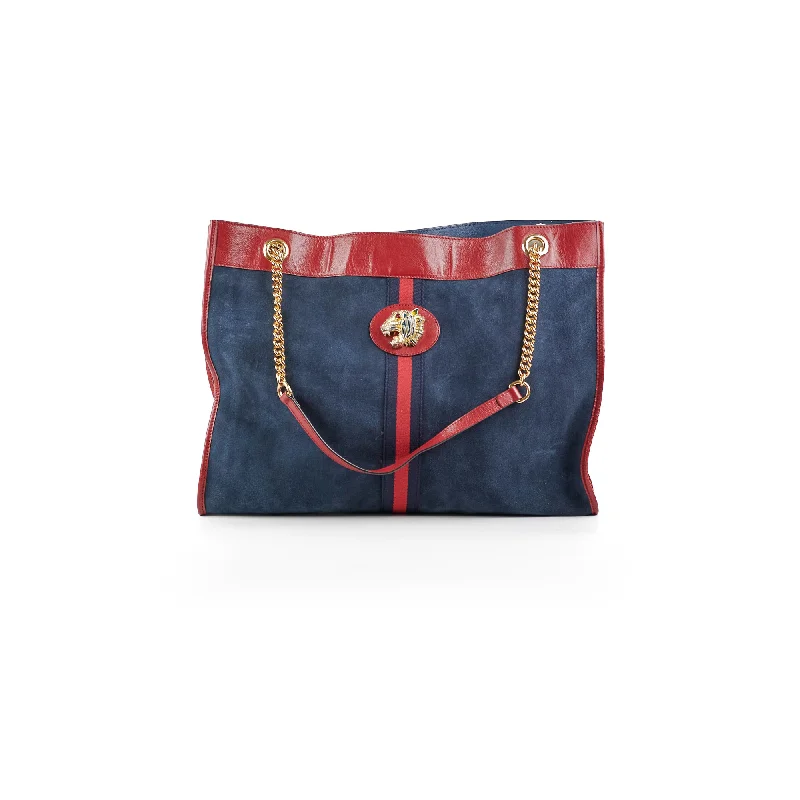 Gucci tote bags for women with a spacious interiorGucci Rajah Suede Navy Shoulder Tote