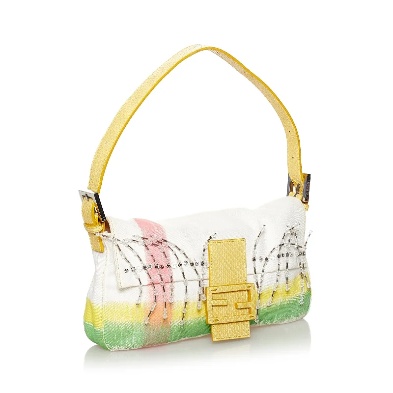 Fendi tote bags with a printed Fendi logo on the front for high brand visibilityFendi Beaded Canvas Mamma Baguette (SHG-29763)