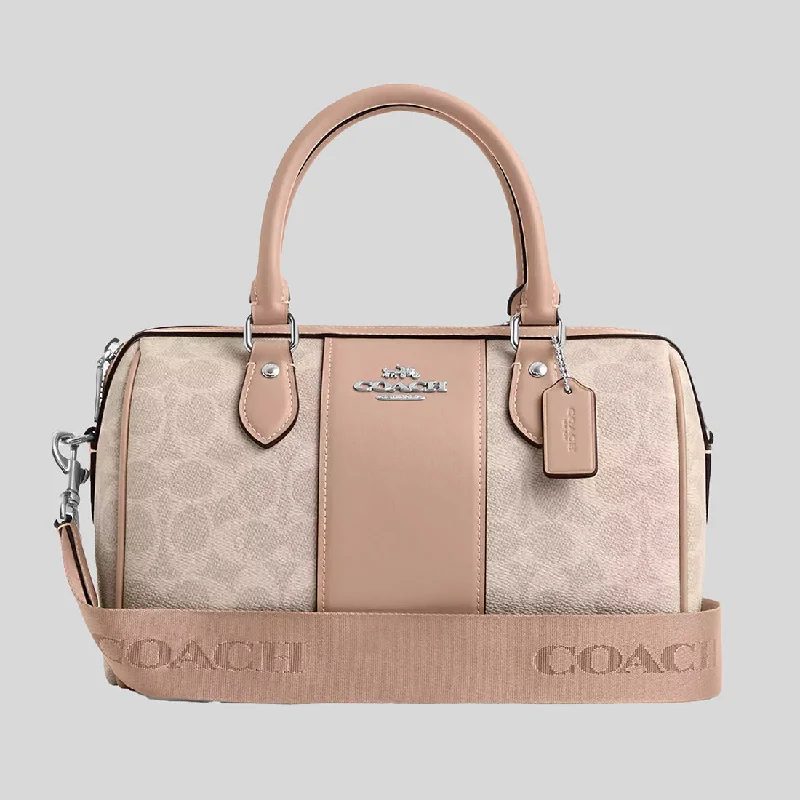 Coach handbags with a beaded trim for a glamorous and elegant lookCOACH Rowan Satchel Bag In Signature Canvas Sand/Taupe CW376