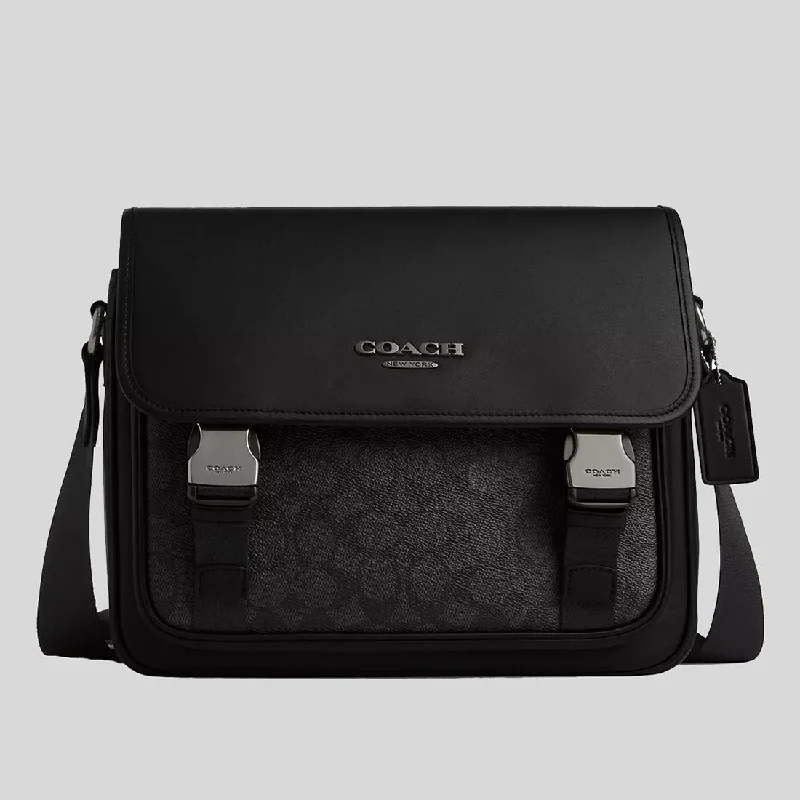 Coach Rogue bags with a detachable shoulder strap for versatile carryingCOACH Racer Messenger In Signature Canvas Charcoal/Black CT716