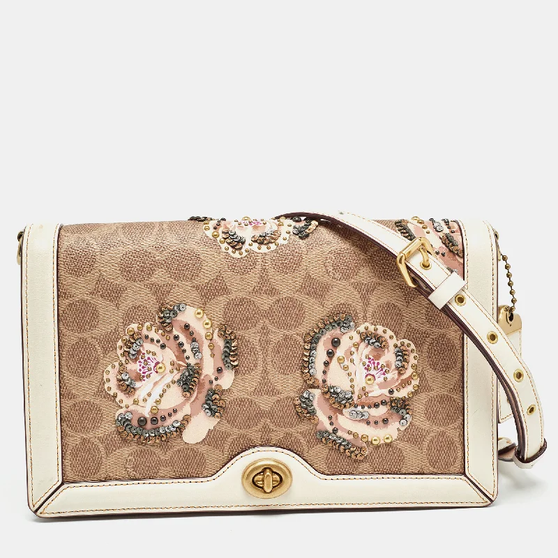 Coach bags with a zip - top closure and a front - pocket for quick accessBeoge/Old Rose Signature Coated Canvas and Leather Rose Embellished Riley Crossbody Bag