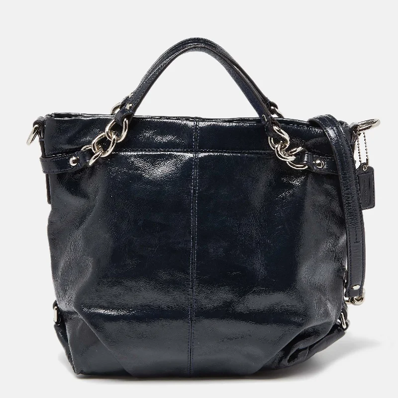 Coach tote bags with a snap - button closure and a decorative charm for styleBlue Patent Leather Brooke Hobo