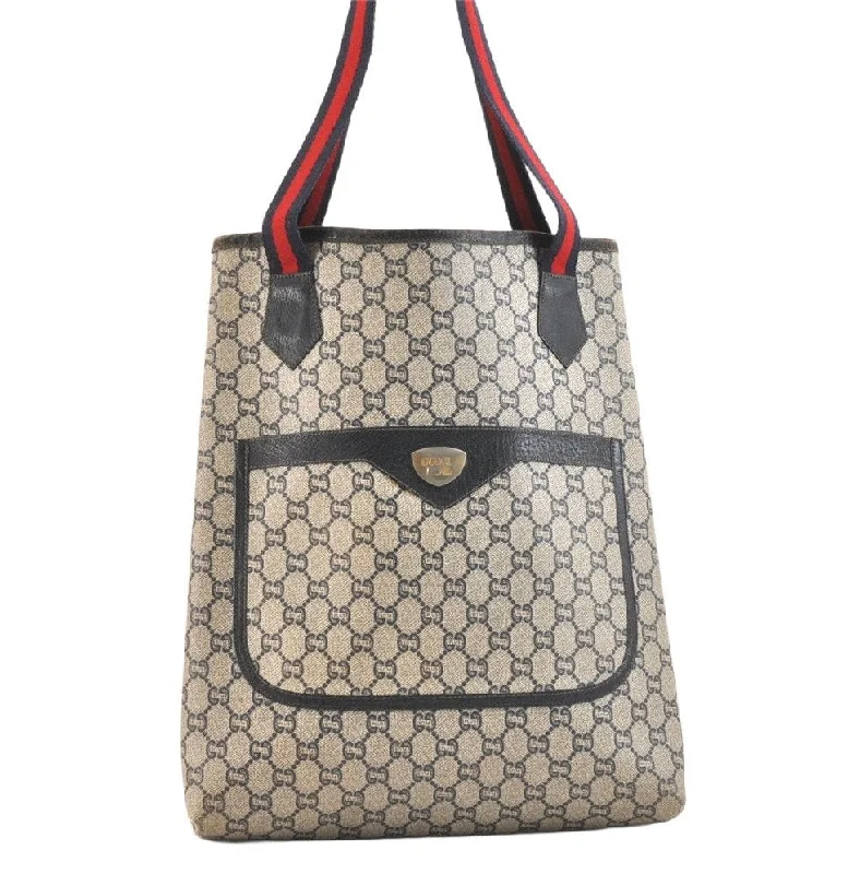 Women Gucci bags with a detachable mirror insideAuthentic GUCCI Sherry Line GG Plus Tote Bag PVC Leather Navy Blue 7478K