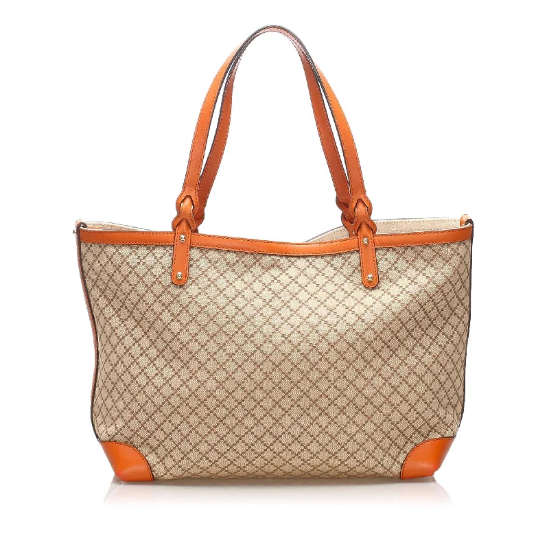 Women Gucci bags with a chain - link trim and a leather bodyGucci Diamante Craft Canvas Tote Bag (SHG-11098)