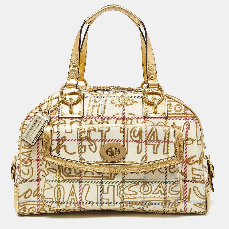 Coach Rogue bags featuring the signature C - hardware for a branded lookGold PVC and Leather Graffiti Tattersall Satchel