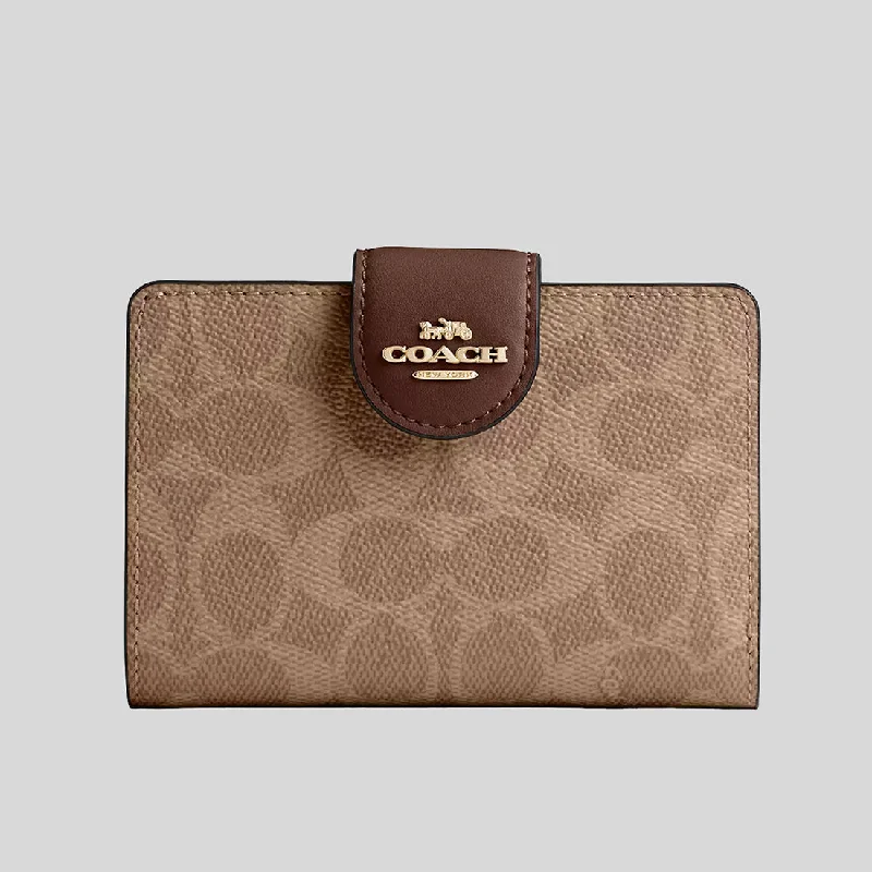 Coach crossbody bags with a detachable coin purse for added functionalityCOACH Medium Corner Zip Wallet In Signature Canvas Tan/Brown CW786