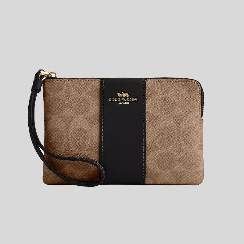 Coach Dempsey bags with a crystal - embellished C - logo for added luxuryCOACH Corner Zip Wristlet In Signature Canvas With Stripe Tan/Black CW854