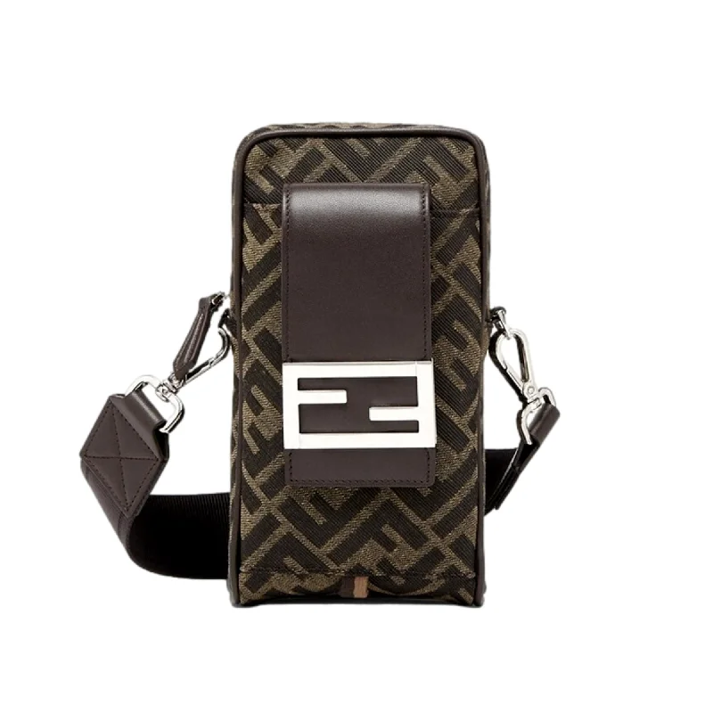 Fendi bags with a detachable camera holder for photography enthusiastsFendi Baguette Brown Zucca Canvas Phone Holder Crossbody Bag