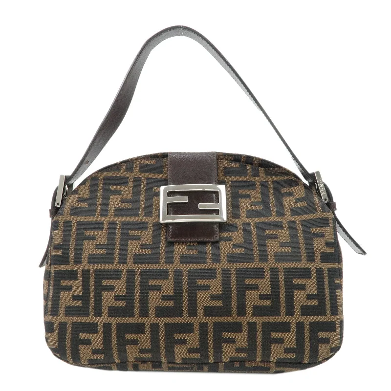 Fendi Sunshine Shopper bags with a contrast - stitched handle for a unique and stylish lookFENDI Zucca Canvas Leather Semi-Shoulder Bag Brown Black 26725