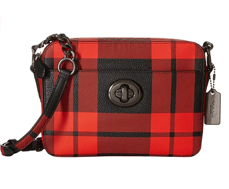 Medium - sized Coach shoulder bags in rich, deep colors for a sophisticated appearanceCOACH Women's Plaid Turnlock Camera Bag QB/Mount Plaid Cross Body Bag NEW Red Black