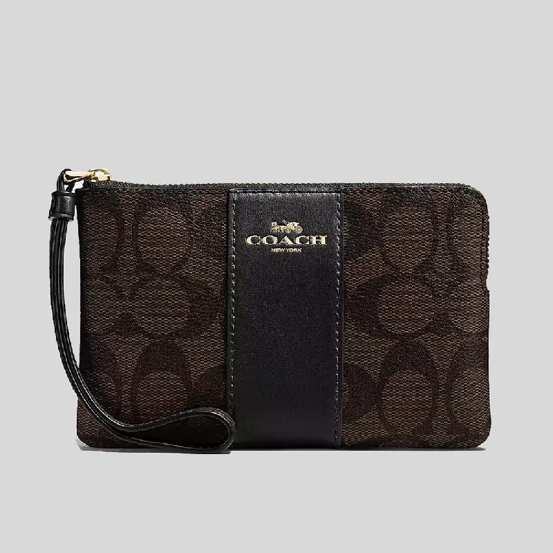 Coach tote bags with a water - resistant lining for practicalityCOACH Corner Zip Wristlet In Signature Canvas Brown Black CS602