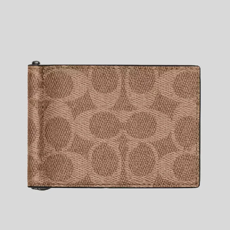 Coach tote bags with a printed Coach logo for brand visibilityCOACH Slim Money Clip Billfold Wallet In Signature Canvas Tan/Black CY059