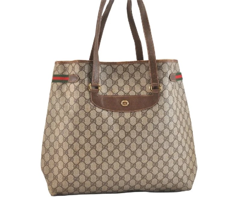 Ladies Gucci shoulder bags with a single - handle designAuthentic GUCCI Web Sherry Line Shoulder Tote Bag GG PVC Leather Brown 7440K