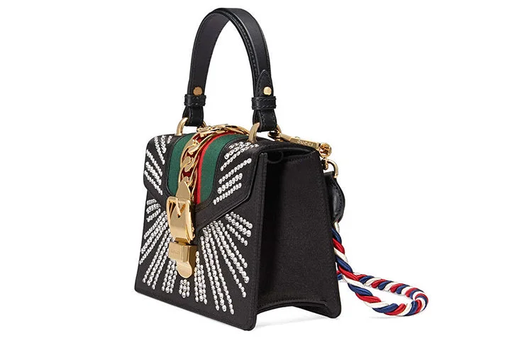 Women Gucci Sylvie bags with a crystal - embellished web stripe(WMNS) GUCCI Sylvie Gold Buckle Stripe Webbing Mini Black Handbag 470270-9AAQG-8720