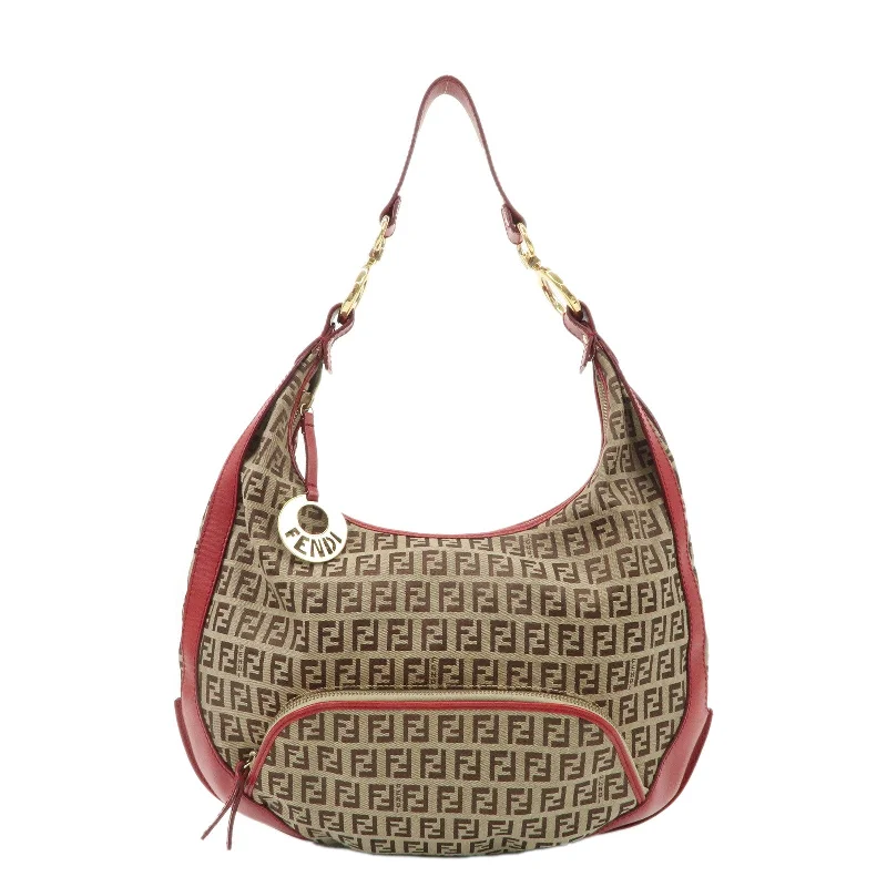 Fendi Baguette bags with a hand - embroidered floral design for a romantic and elegant touchFENDI Zucchino Canvas Leather Shoulder Bag Khaki Brown Red 8BR465