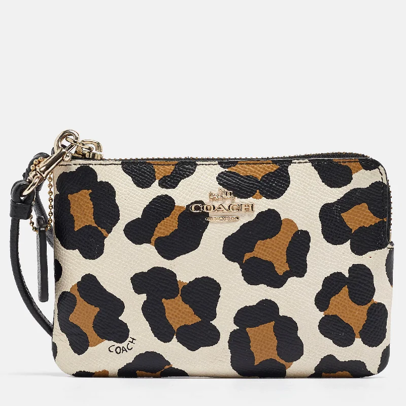 Coach bags with a front - zip pocket for small items like keys and cardsBlack/Brown Leopard Print Leather Zip Wristlet Pouch