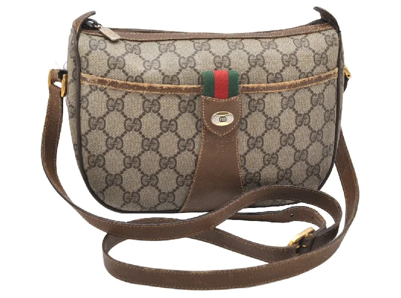 Women Gucci Sylvie bags with a detachable ribbon detailAuthentic GUCCI Web Sherry Line Shoulder Bag GG PVC Leather Brown Junk 3626K