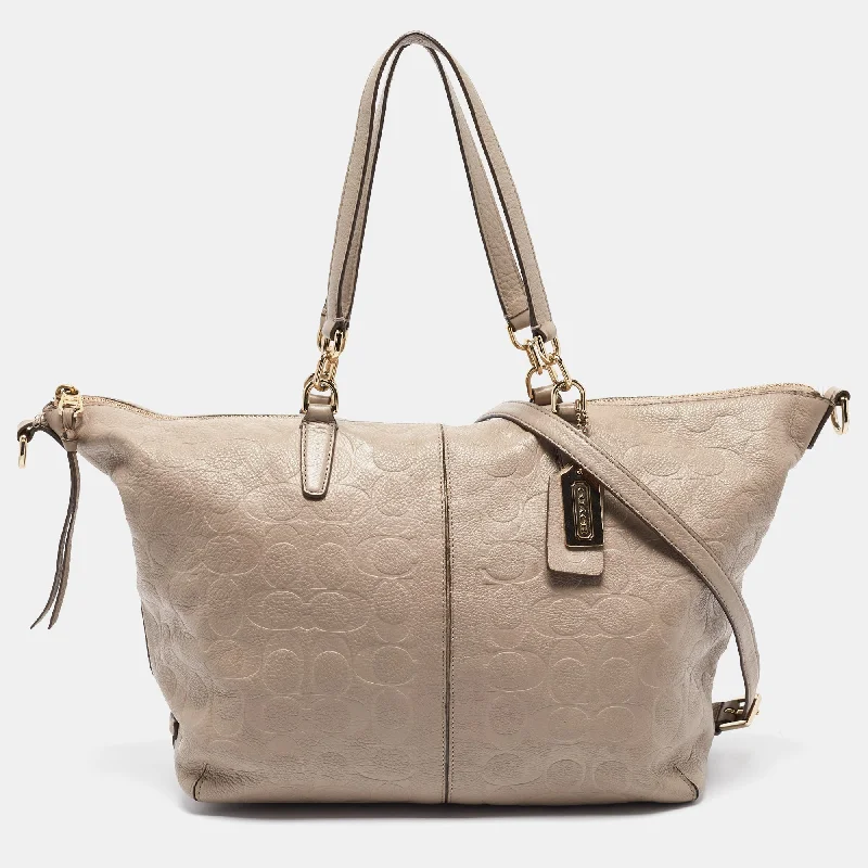 Coach crossbody bags with a detachable coin purse for added functionalityBeige Signature Embossed Leather Bleecker Zip Tote