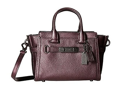 Ladies Coach shoulder bags with a magnetic - closure flap for easy accessCoach Swagger 20 Pebble Leather Metallic Black Cherry Handbag Small Crossbody