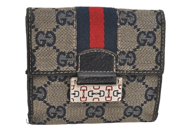 Gucci backpacks for women with a multi - pocket designAuthentic GUCCI Sherry Line Bifold Wallet Canvas Leather 146207 Navy Blue 3541K