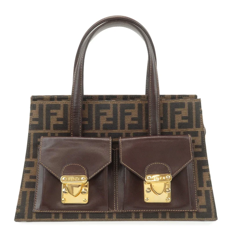 Fendi handbags with a perforated leather detail for a breathable and unique designFENDI Zucca Canvas Leather Boston Bag Hand Bag Brown Black