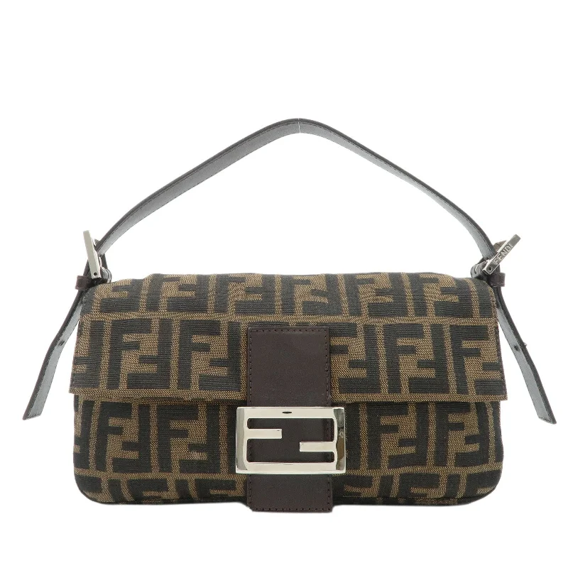 Fendi By The Way bags with a laser - cut leather detail for a modern and intricate lookFENDI Mamma Baguette Zucca Canvas Leather Shoulder Bag 26424