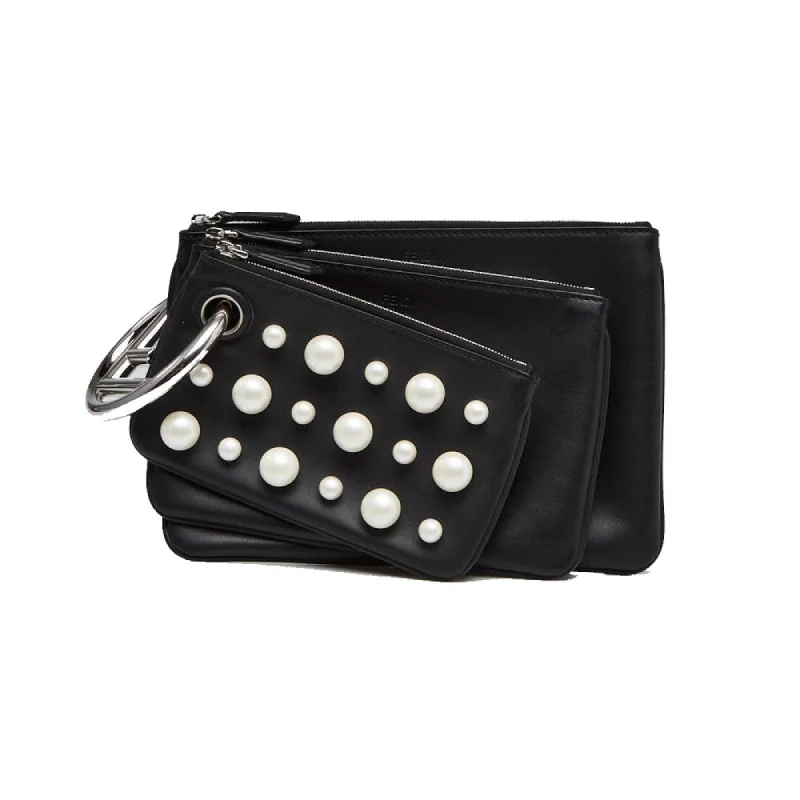 Fendi crossbody bags with a woven leather strap for a unique texture and visual appealFendi Black Leather Pearl Studded Triplette Multi Clutch Handbag