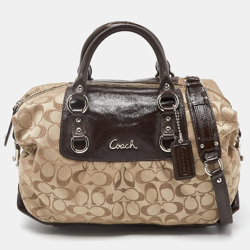 Coach Dempsey bags with a large capacity and a drawstring closureBeige/Brown Signature Fabric and Patent Leather Ashley Bag