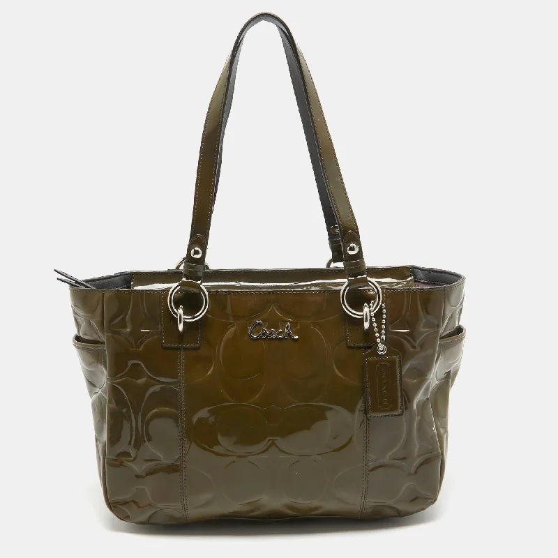 Coach tote bags with a printed Coach logo for brand visibilityOlive Green Op Art Embossed Patent Leather East West Gallery Tote