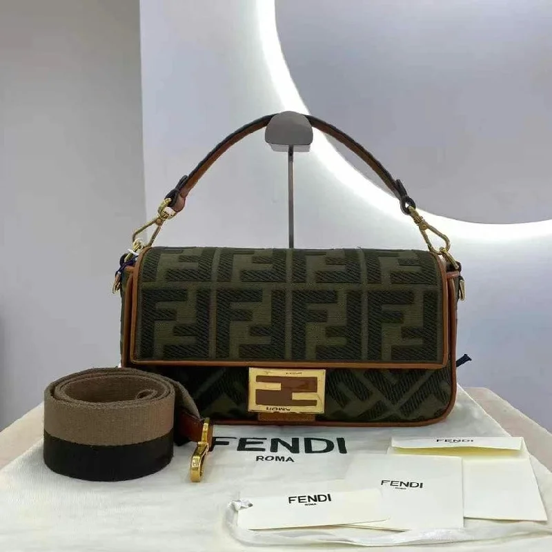 Fendi By The Way bags with a 3D - printed FF logo for a modern and textured lookFendi Baguette Green Canvas Brown Leather Shoulder Bag Medium