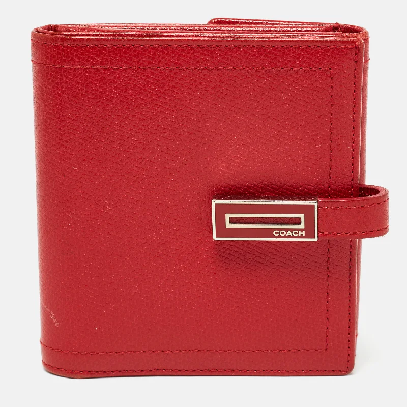 Coach handbags with a metal - framed clasp for durability and styleRed Leather Metal Flap Compact Wallet