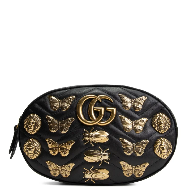 Ladies Gucci Dionysus bags with a chain - link shoulder strapGUCCI GG Marmont Animalier Belt Bag -Black