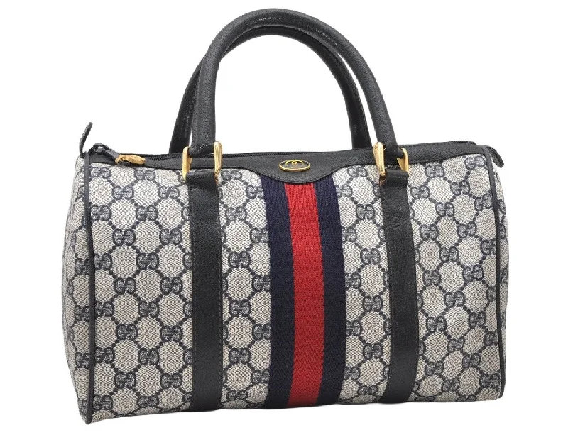 Gucci tote bags for women with a water - resistant coatingAuthentic GUCCI Sherry Line Hand Boston Bag GG PVC Leather Navy Blue Junk 3597K