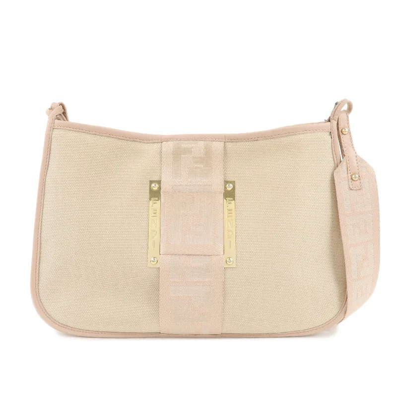 Fendi crossbody bags with a keychain holder for practicality and easy access to keysFENDI Logo Canvas Leather Shoulder Bag Beige Pink 8BT084