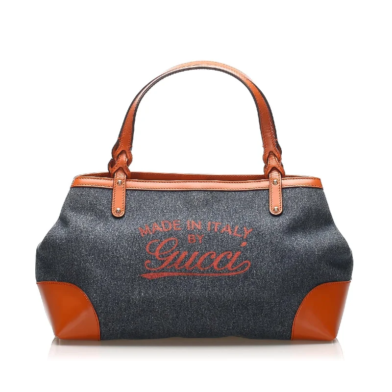 Women Gucci bags with a front - flap pocket for quick - access itemsGucci Craft Denim Tote Bag (SHG-11937)