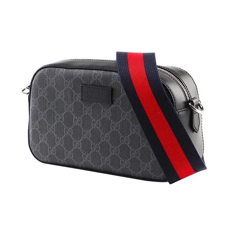 Gucci backpacks for women with a sleek silhouetteMen's GUCCI Logo Stripe Webbing Leather Logo Canvas Shoulder Messenger Bag Small Black Gray Classic 'Black Grey' 574886-K5RLN-1095