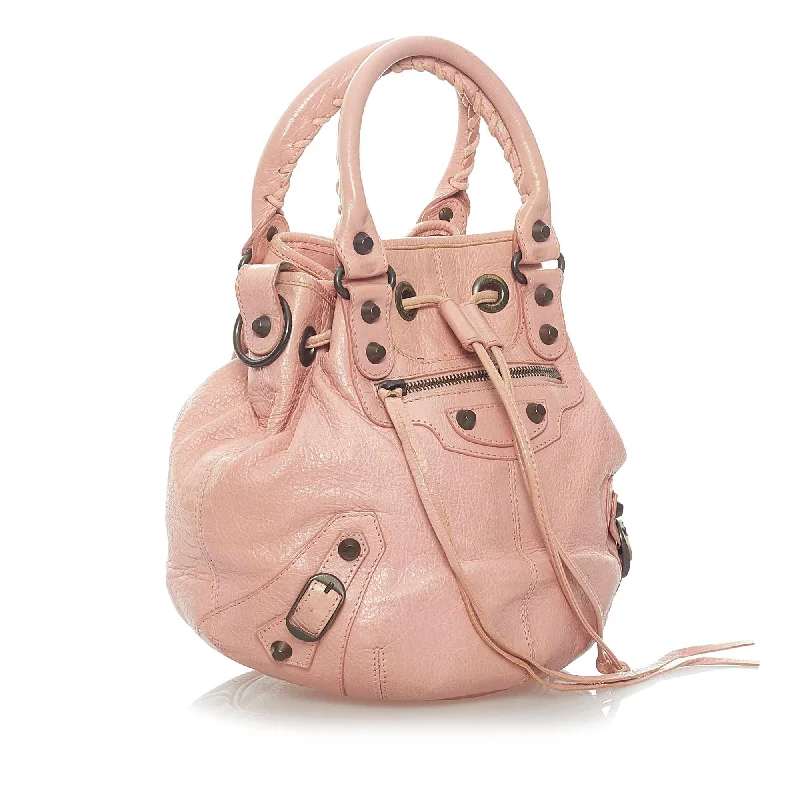 Balenciaga City bag with antique - style brass zippersBalenciaga Motocross Classic Pompon Bucket Bag (SHG-33526)