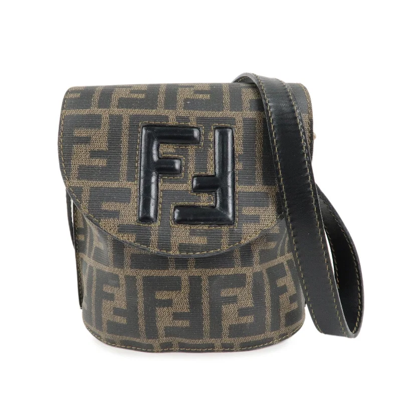 Fendi tote bags with a double - handle and shoulder - strap option for versatile carryingFENDI Zucca Logo Print PVC Leather Shoulder Bag Black Brown