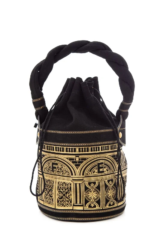 Fendi handbags with a glow - in - the - dark FF logo for a fun and unique featureFendi Black & Gold Baroque Suede Palazzo Bucket Bag