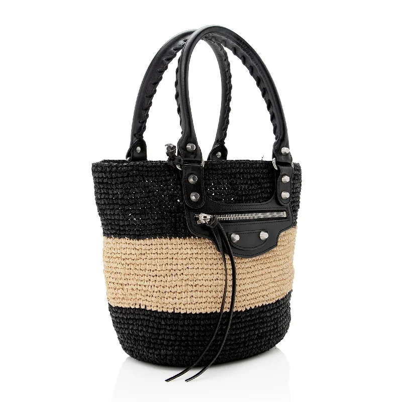 Balenciaga Arena medium size with gold - embossed logoBalenciaga Raffia Striped Panier XS Tote (SHF-22896)