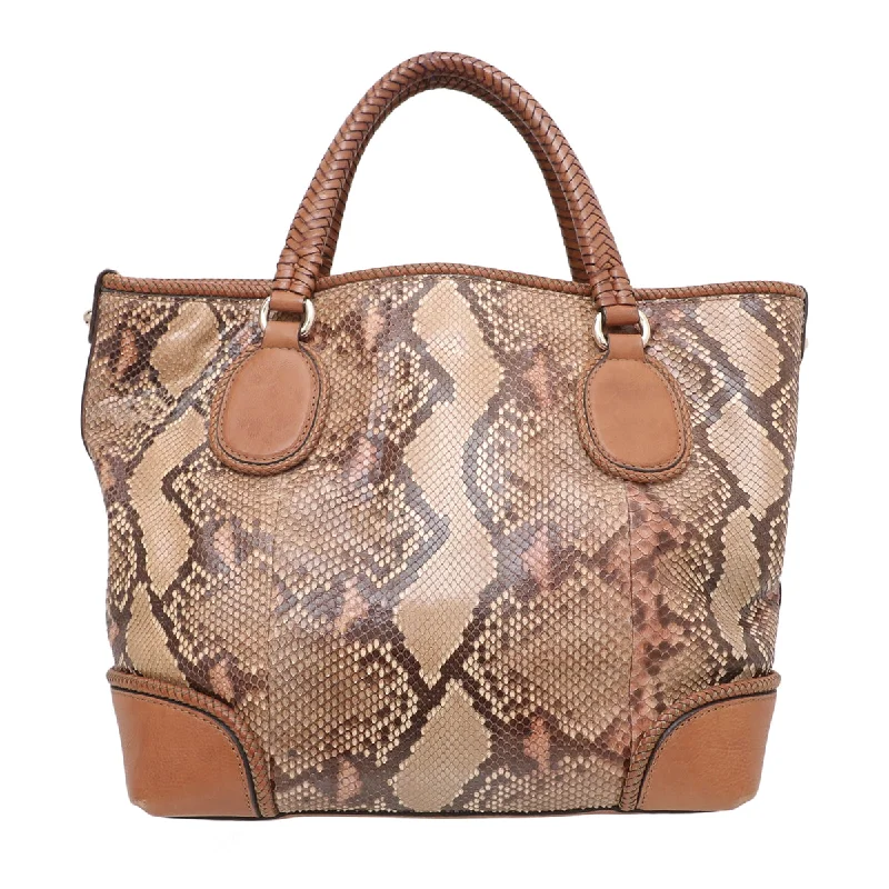 Women Gucci Sylvie bags with a crystal - embellished web stripeGucci Brown Python Marrakech Tote Bag