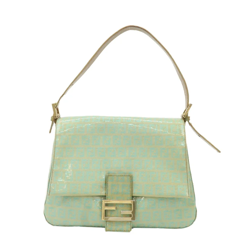 Fendi bags with a built - in USB charging port for keeping devices powered on the goFENDI Zucchino Patent Leather Shoulder bag Beige Light Green