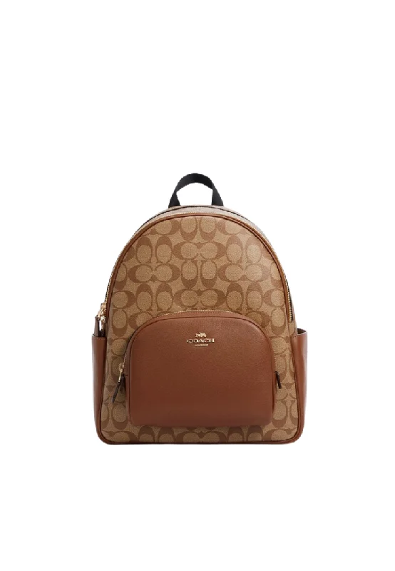 Coach bags with a zip - top closure and a front - pocket for quick accessCoach Signature Court 5671 Backpack In Khaki Saddle