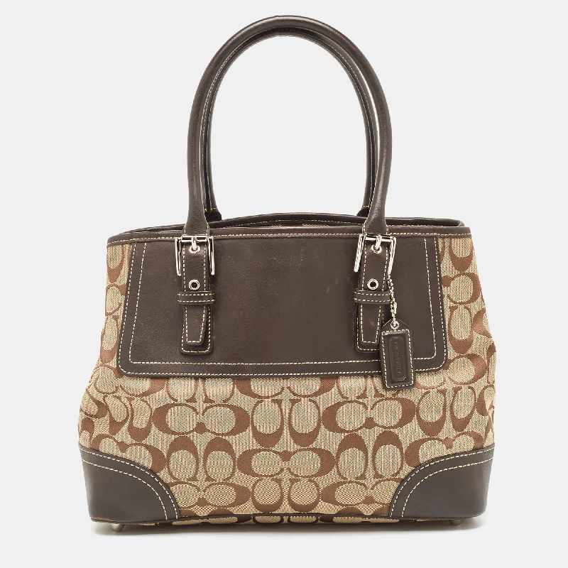 Coach Dempsey bags with a crystal - embellished C - logo for added luxuryDark Brown/Beige Signature Canvas and Leather Hampton Tote