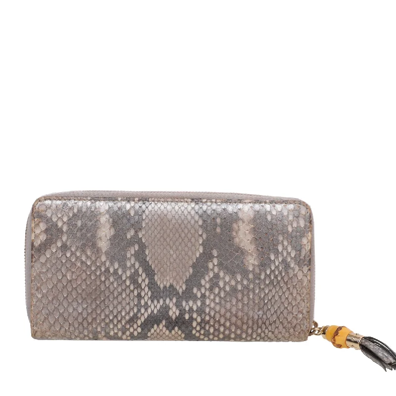 Small - sized Women Gucci shoulder bags for evening outingsGucci Metallic Gray Python Bamboo Tassel Zippy Wallet