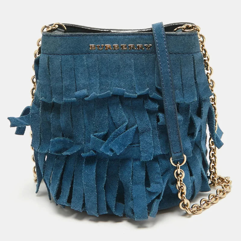 Seasonal Print Burberry Bags for Summer 2025Blue Suede Mini Fringe Bucket Bag