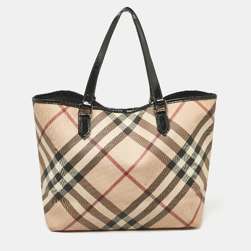 Color - Blocked Burberry Bags for a Bold StatementBlack/Beige Supernova Check Coated Canvas and Patent Leather Large Nickie Tote