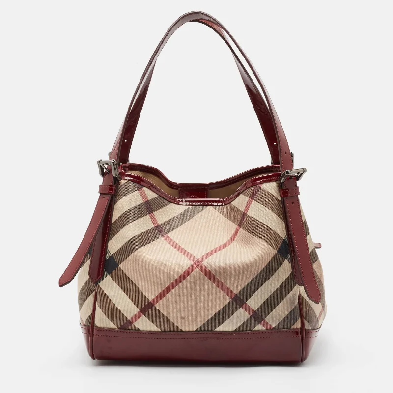 Sustainable Burberry Bags Made from Recycled MaterialsBurgundy/Beige Nova Check PVC and Patent Leather Canterbury Tote