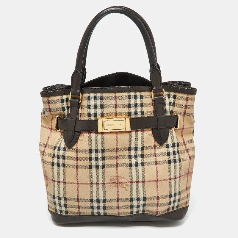 Burberry Bags with Adjustable Shoulder Straps for ComfortBeige/Brown Haymarket Check PVC and Leather Medium Golderton Tote